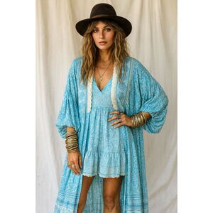 UMGEE NWT Boutique Boho Blue Kimono Jacket Stevie Nicks Gypsy Festival S M L